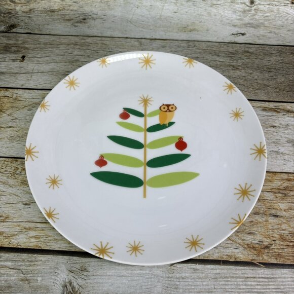 Rachael Ray HOLIDAY HOOT Christmas Tree Owl Stars Porcelain Dinner Plates Set 4 - Picture 6 of 16